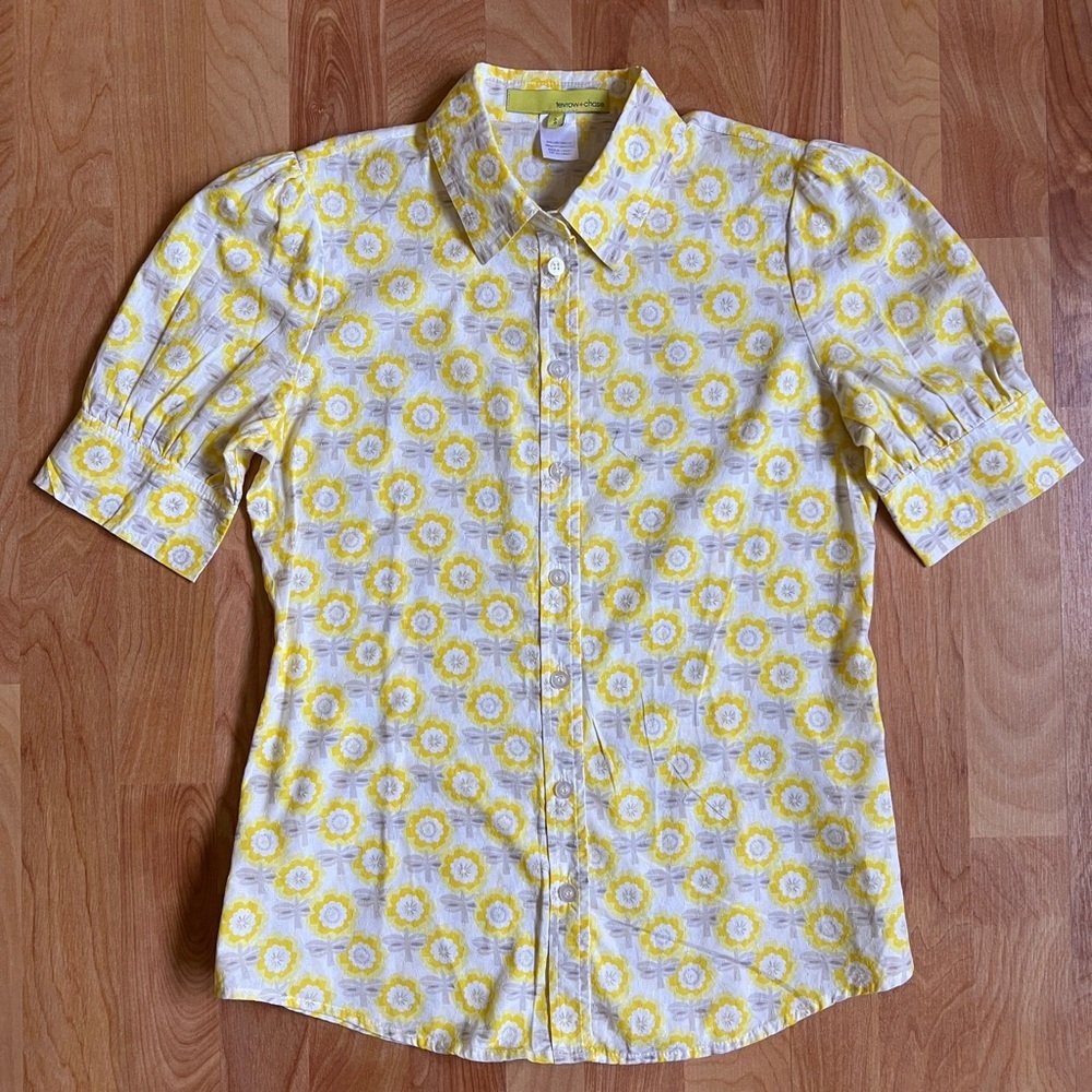 EUC Yellow Floral Women's Fitted Cotton Button Down Shirt Puffed Sleeves sz S